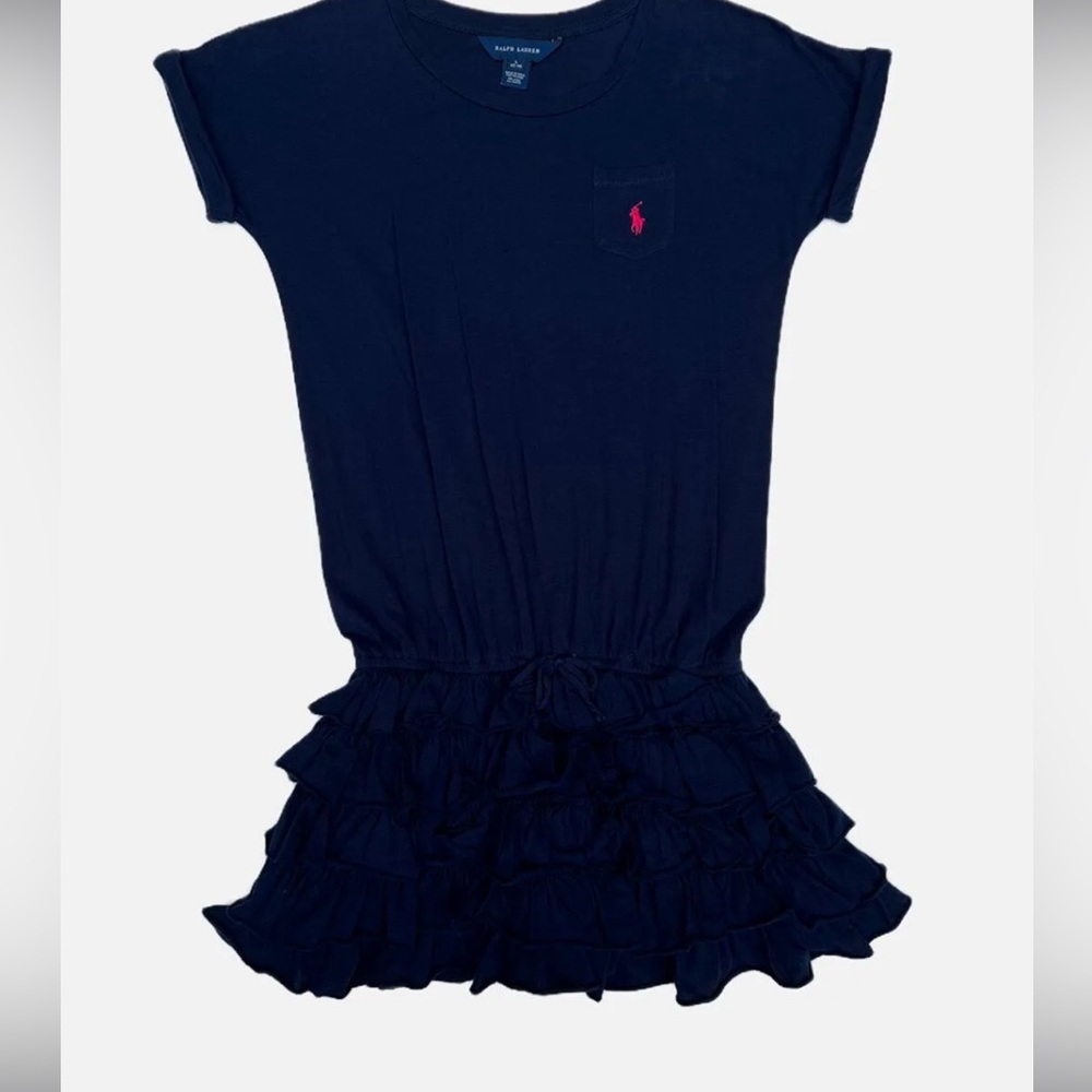 Ralph Lauren Girl👧🏻 Navy Jersey Tee Dress👧🏻w Ruffle Skirt Sz 9M